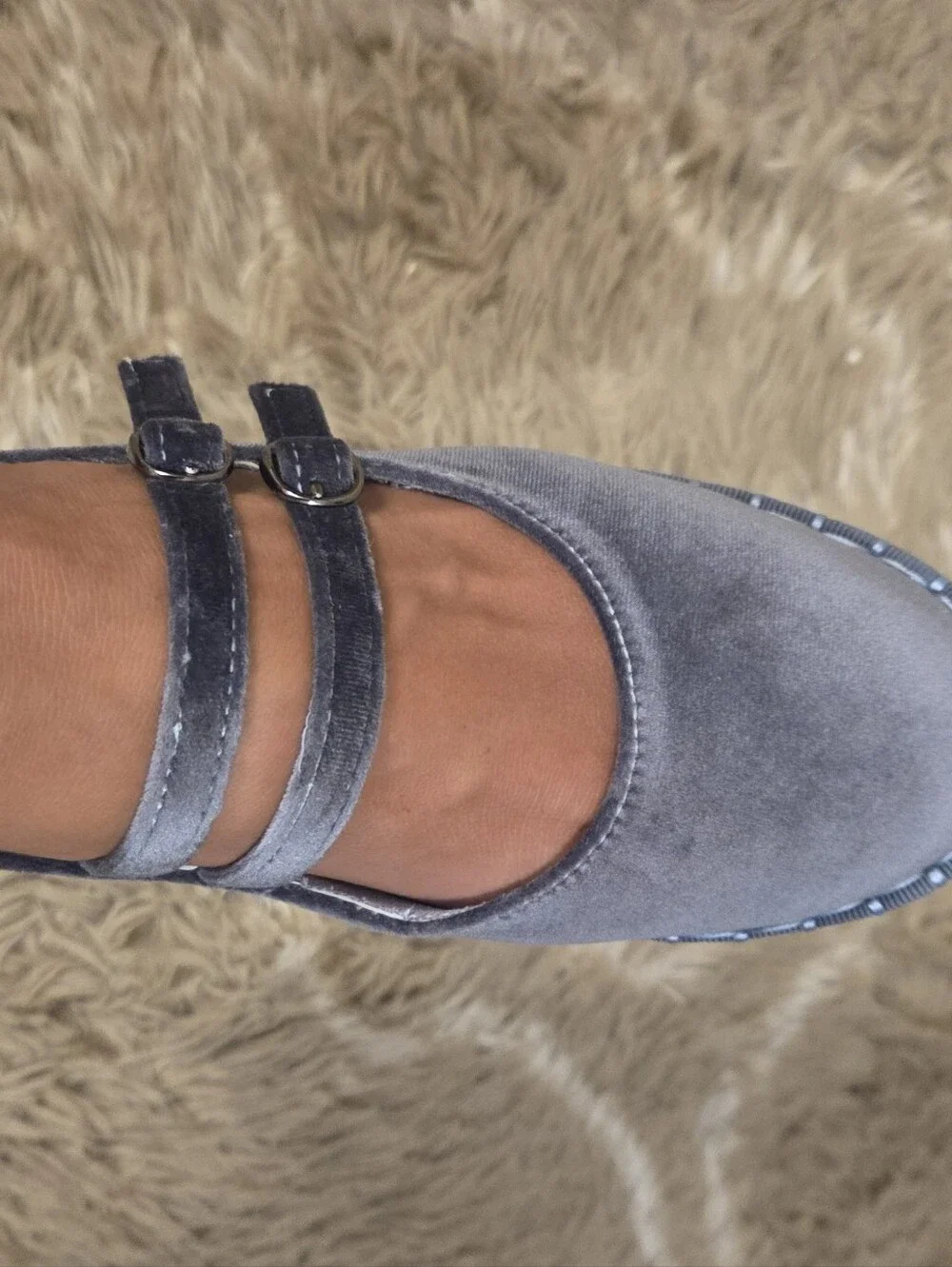 Women's Gray Velvet Double-Strap Mary Jane Flats